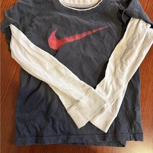 Nike Kids Long Sleeve Tee - Dark Blue and White with Red Logo
